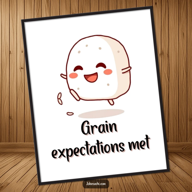 Funny Free Printable Wall Art: A grinning onigiri character playfully kicks a small rice grain with pure joy.