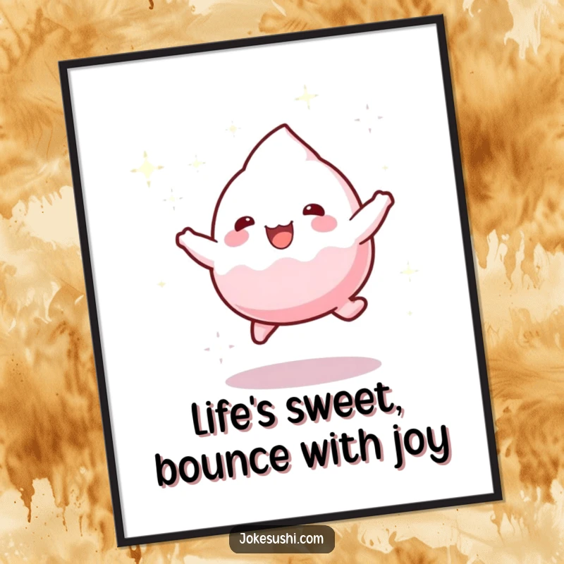 Funny Free Printable Wall Art featuring a playful mochi character mid-bounce, leaving a delightful trail of shimmering, sparkling dust.