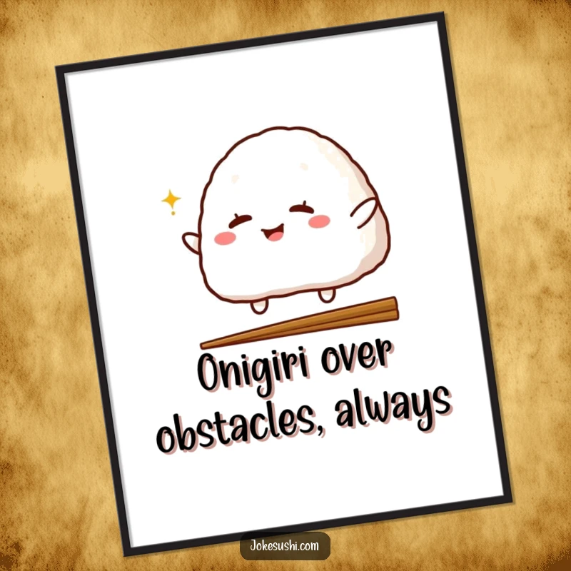 Funny Free Printable Wall Art featuring a cheerful onigiri character winking as it jumps over a chopstick.