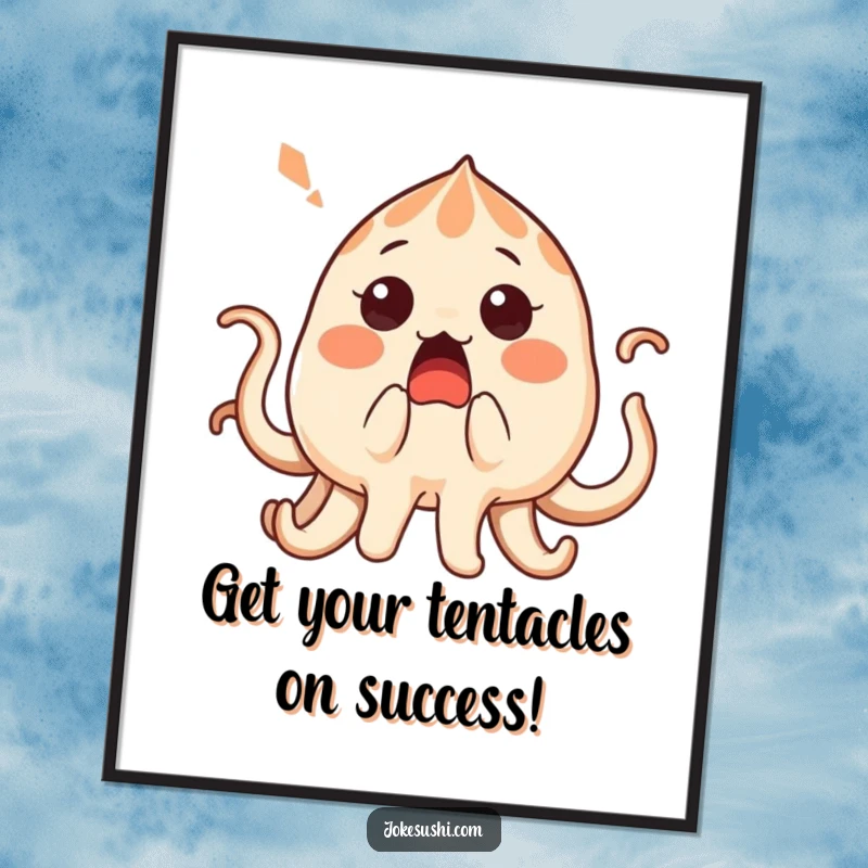 Funny Free Printable Wall Art: A surprised takoyaki character with its tentacles being playfully tickled, bringing quirky food humor to your decor.