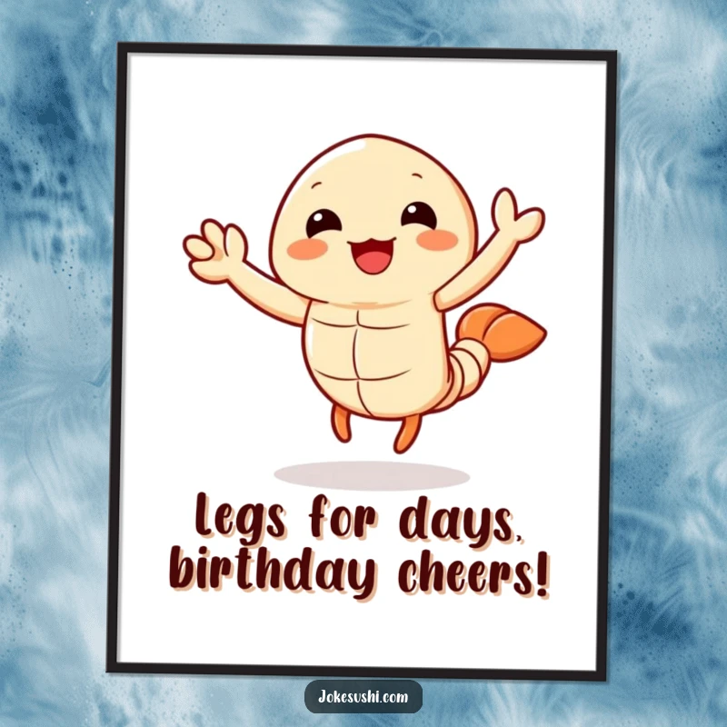 Funny Free Printable Wall Art: A joyful tempura shrimp character doing a cheerful wave with its legs, vibrant and fun.