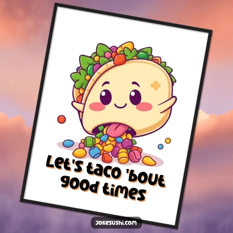 Funny Free Printable Wall Art: Kawaii taco character tripping playfully, spilling colorful fillings with a surprised grin, humorous downloadable art.