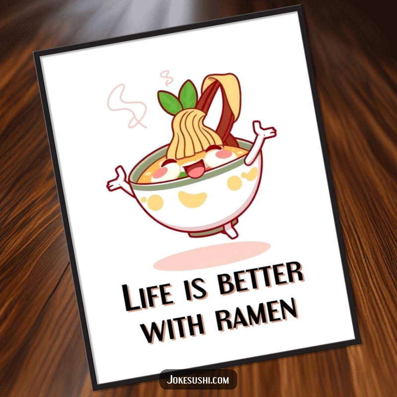 Funny Free Printable Wall Art: A cheerful ramen bowl character doing a happy dance with steam rising, bringing warmth.
