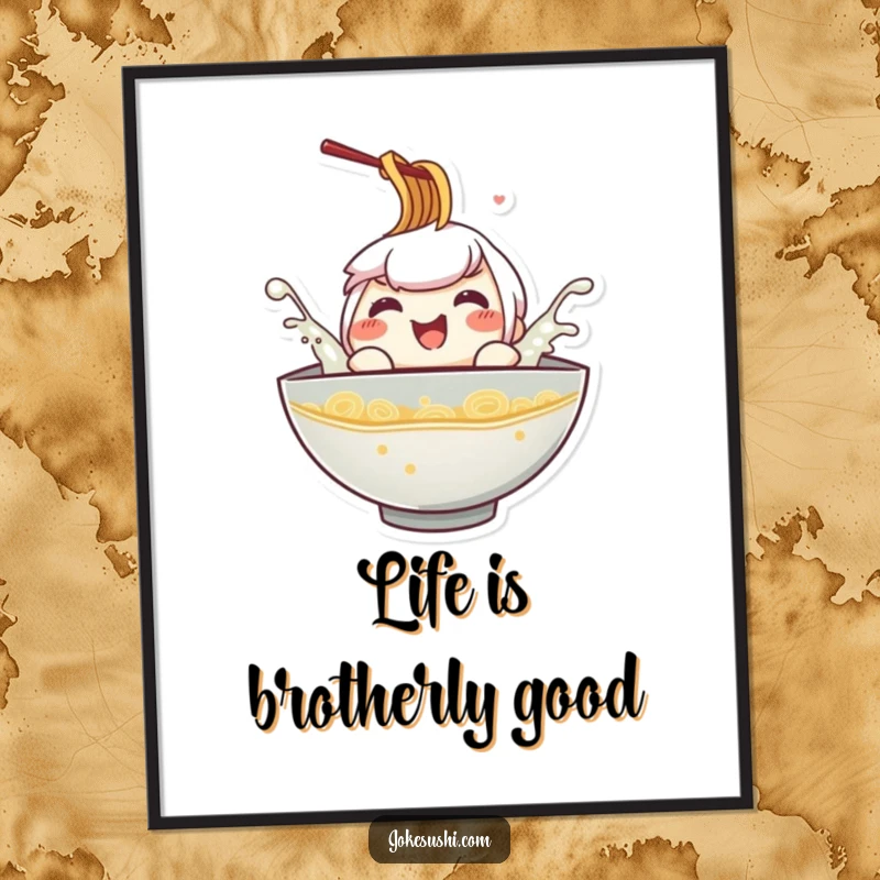 Funny Free Printable Wall Art: A smiling ramen bowl character playfully splashes in its broth, adding vibrant energy to the space.