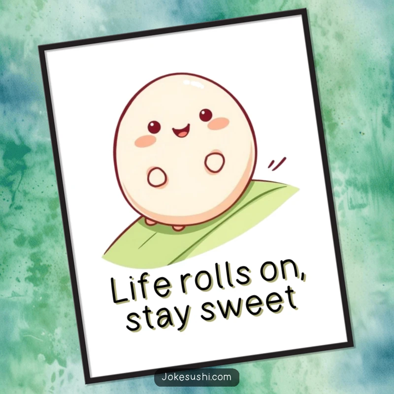 Funny Free Printable Wall Art: A smiling mochi character rolls happily down a gentle slope, bringing serenity.