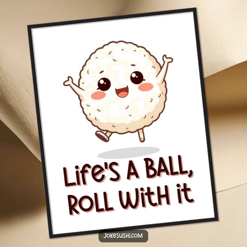 Funny Free Printable Wall Art depicting a smiling rice ball character in a spirited cartwheel, bringing energy and humor.