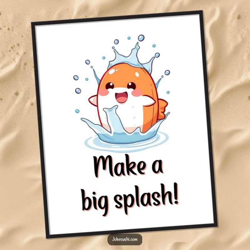 Funny Free Printable Wall Art: A delighted salmon nigiri character energetically splashing in a water drop, adding fun decor.