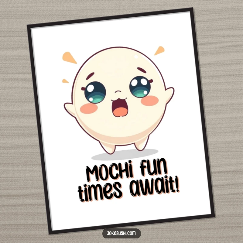 Funny Free Printable Wall Art: Surprised mochi character with wide eyes energetically bouncing.