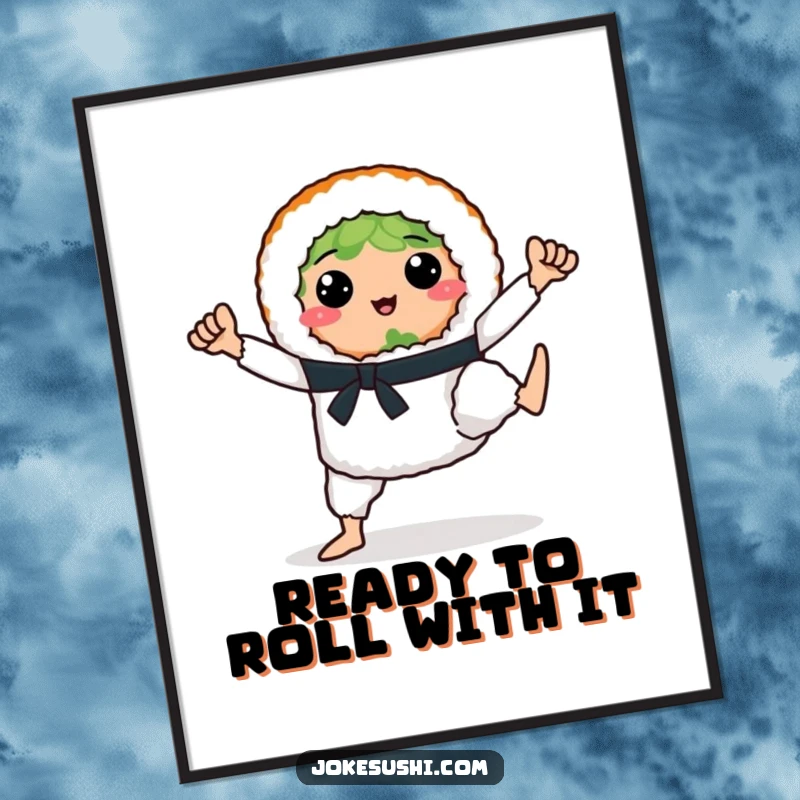 Funny Free Printable Wall Art: A sushi roll executes a dynamic karate pose, a hilarious and energetic downloadable artwork.
