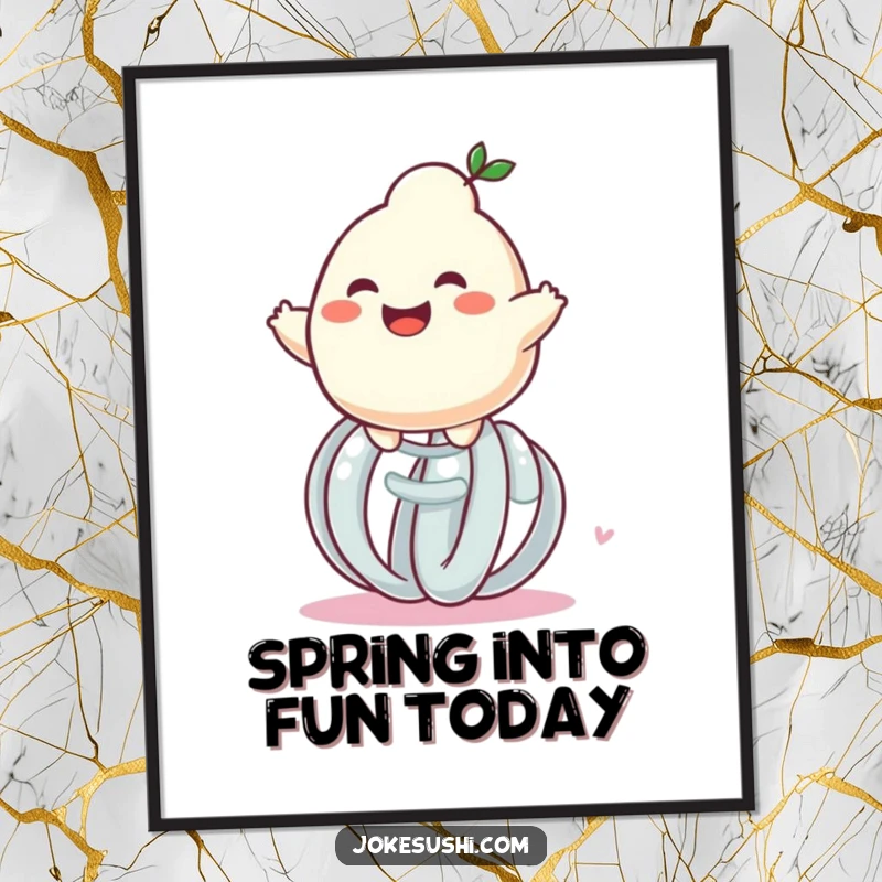 Funny Free Printable Wall Art: A grinning dumpling character in mid-air, bouncing enthusiastically on a large spring.