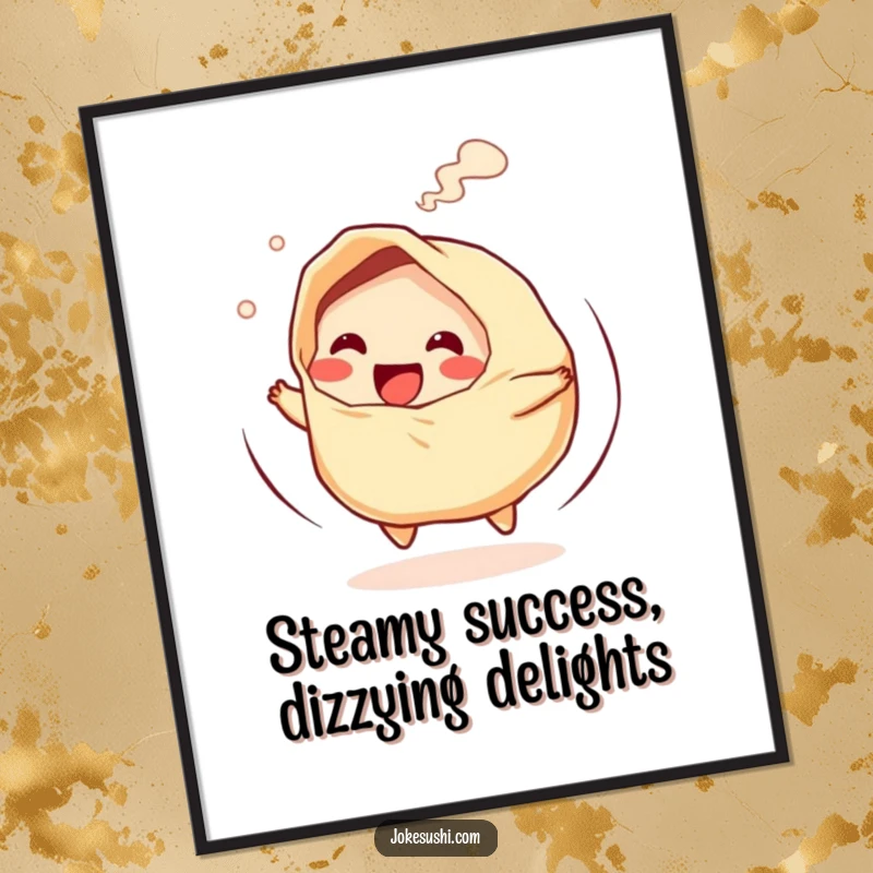 Funny Free Printable Wall Art: A giggling gyoza character in a fast spin with steam rising.