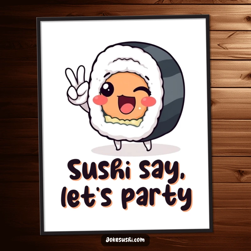 Funny Free Printable Wall Art featuring a delighted sushi roll playfully flashing a peace sign, adding quirky charm.