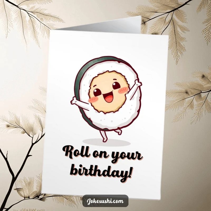 Funny Free Printable Birthday Card: Happy sushi roll doing a cartwheel with a big smile, ready for a party.