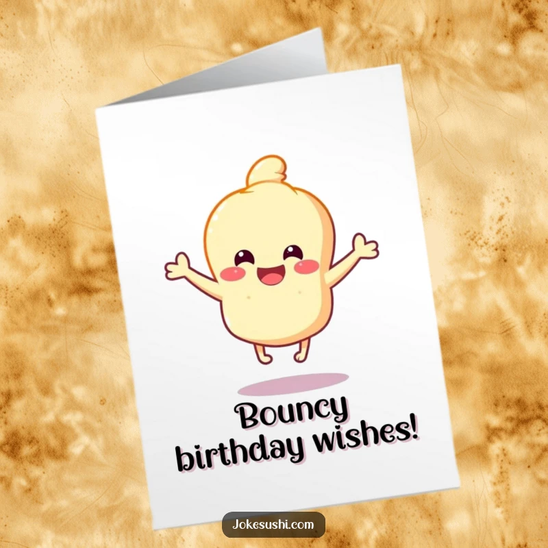 Funny Free Printable Birthday Card: A happy tempura character bounces with joy on tiny legs, celebrating a birthday.