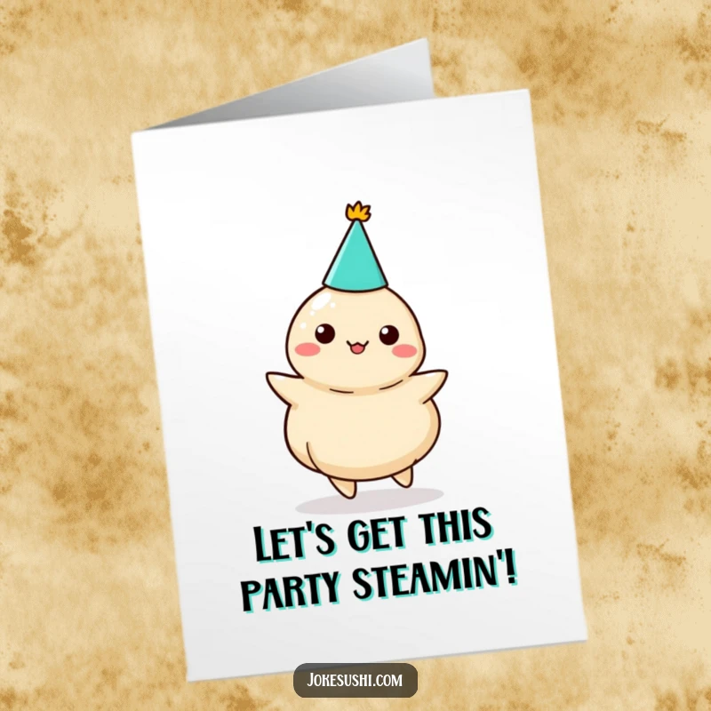 Funny Free Printable Birthday Card: An anthropomorphic dumpling in a party hat joyfully twirling, celebrating your special day.
