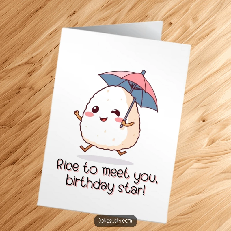 Funny Free Printable Birthday Card: Smiling onigiri rice ball with legs hopping excitedly, holding a tiny umbrella, a joyous downloadable gift.