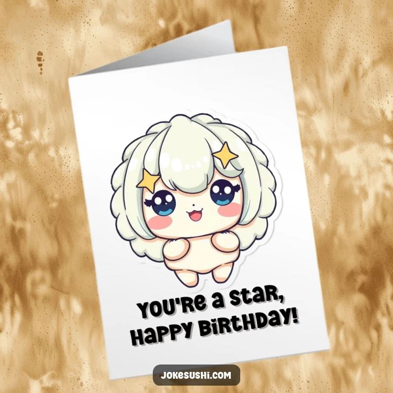 Funny Free Printable Birthday Card of a delighted tempura piece with wide, starry eyes, expressing pure birthday excitement.