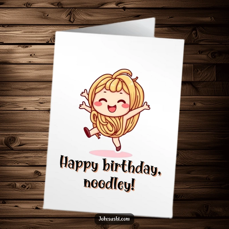 Funny Free Printable Birthday Card: A smiling udon noodle character joyfully doing a cartwheel, celebrating with energy.
