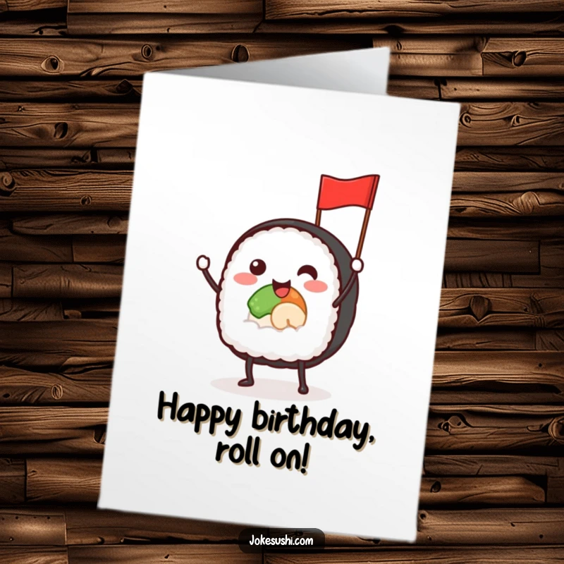 Funny Free Printable Birthday Card: A smiling sushi roll with tiny legs enthusiastically waves a small flag, celebrating a birthday.