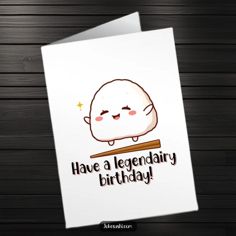 Funny Free Printable Birthday Card featuring a cheerful onigiri character winking and jumping over a chopstick with flair.