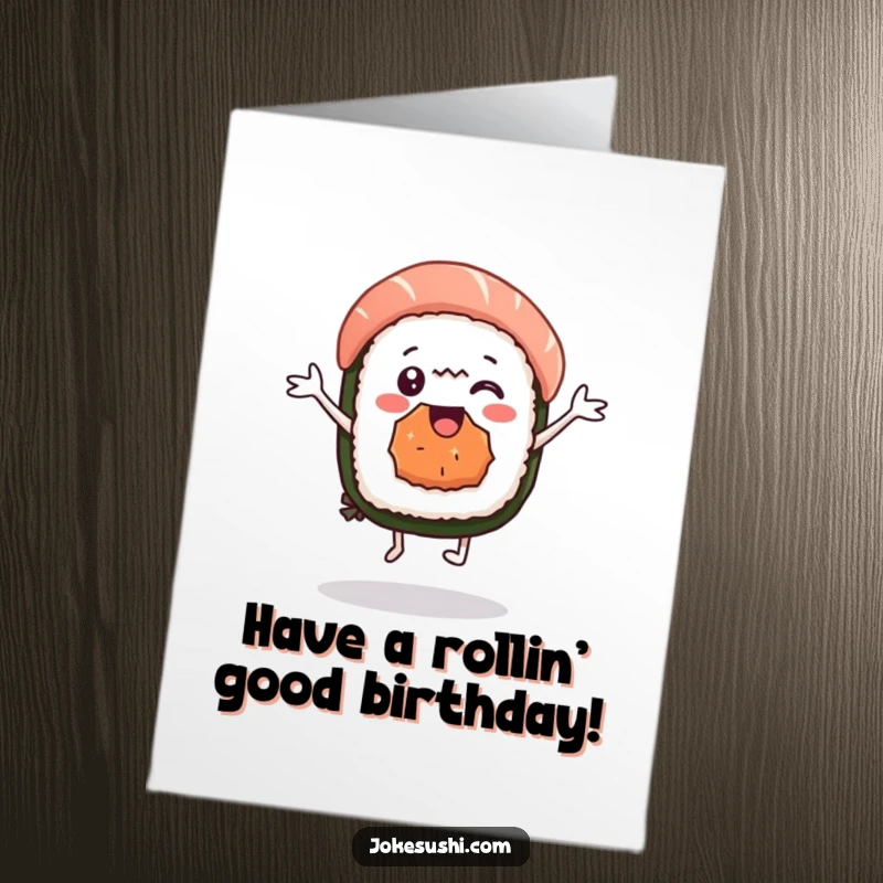 Funny Free Printable Birthday Card: Delighted sushi nigiri character doing a happy little dance.