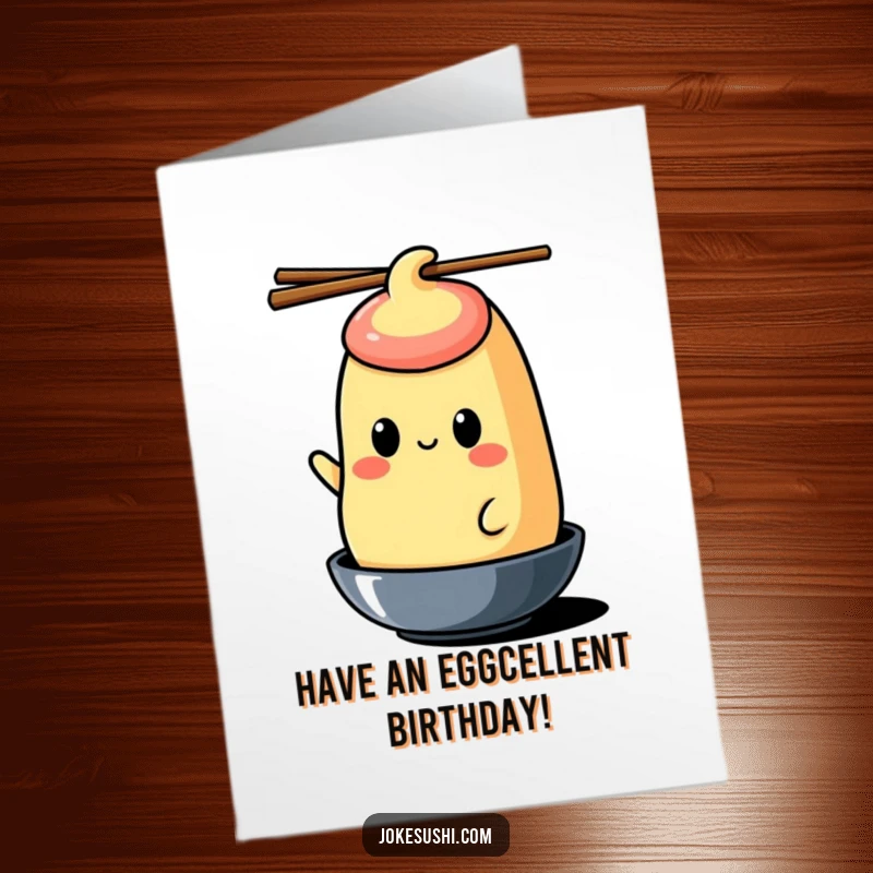 Funny Free Printable Birthday Card: Cheerful tamagoyaki character perfectly balancing chopsticks on its head, celebrating.