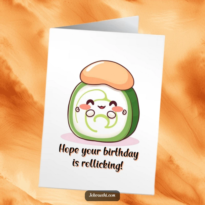 Funny Free Printable birthday card: shy cucumber roll peeking with tiny hands from behind a big wasabi dollop, cute surprise.