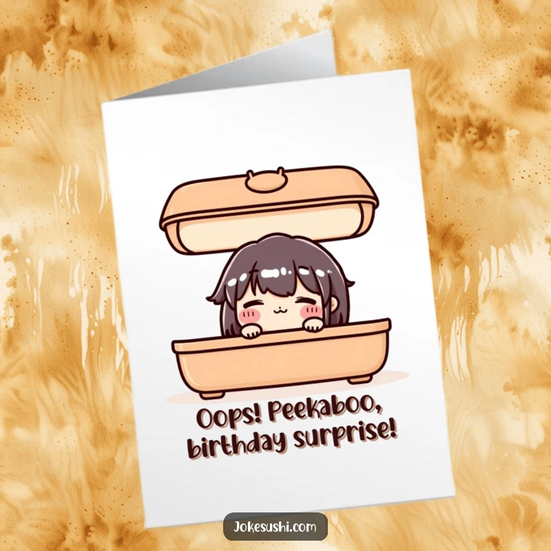 Cute Free Printable Birthday Card: A blushing bento box character shyly peeking from under its lid.
