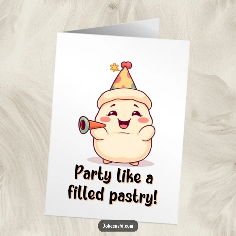 Funny Free Printable Birthday Card: Grinning dumpling with party hat blowing a party horn excitedly.