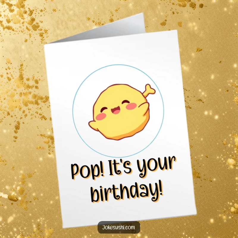 Funny Free Printable Birthday Card: A giggling tempura character floats joyfully on a bubble, celebrating a birthday with lighthearted fun.