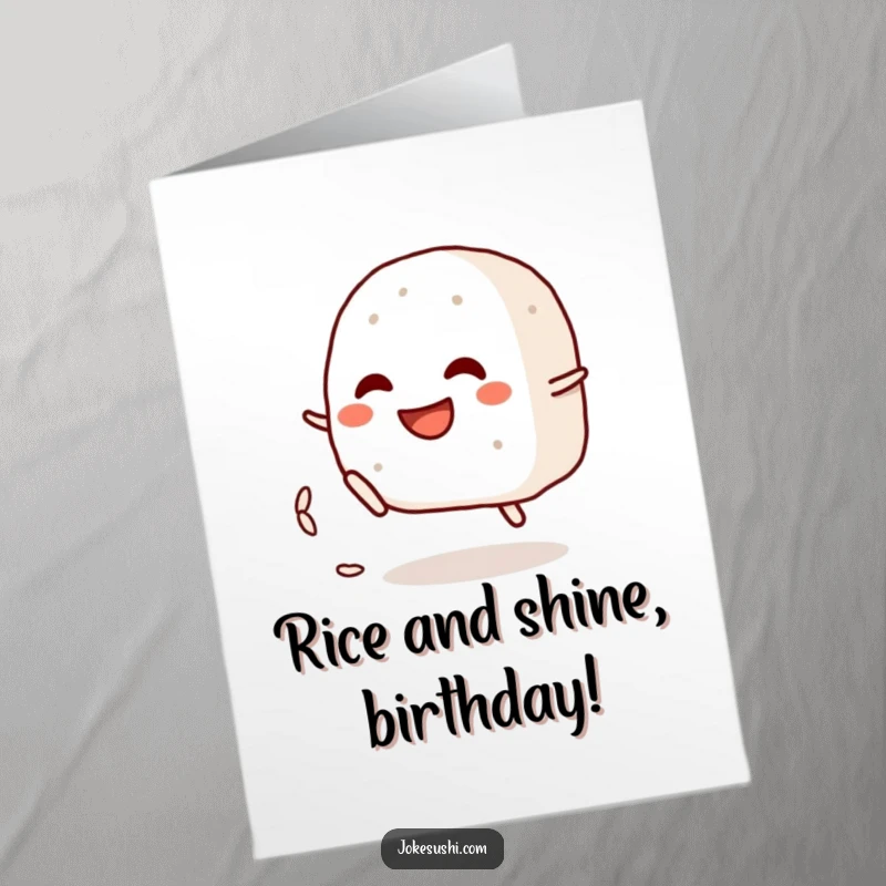 Funny Free Printable Birthday Card: A grinning onigiri character playfully kicks a small rice grain with a mischievous smile.