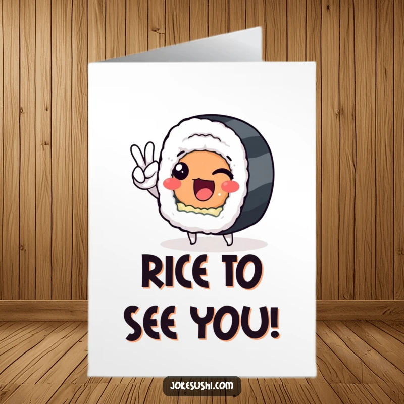 Funny Free Printable Birthday Card featuring a smiling sushi roll giving a cheeky peace sign, ready to celebrate.