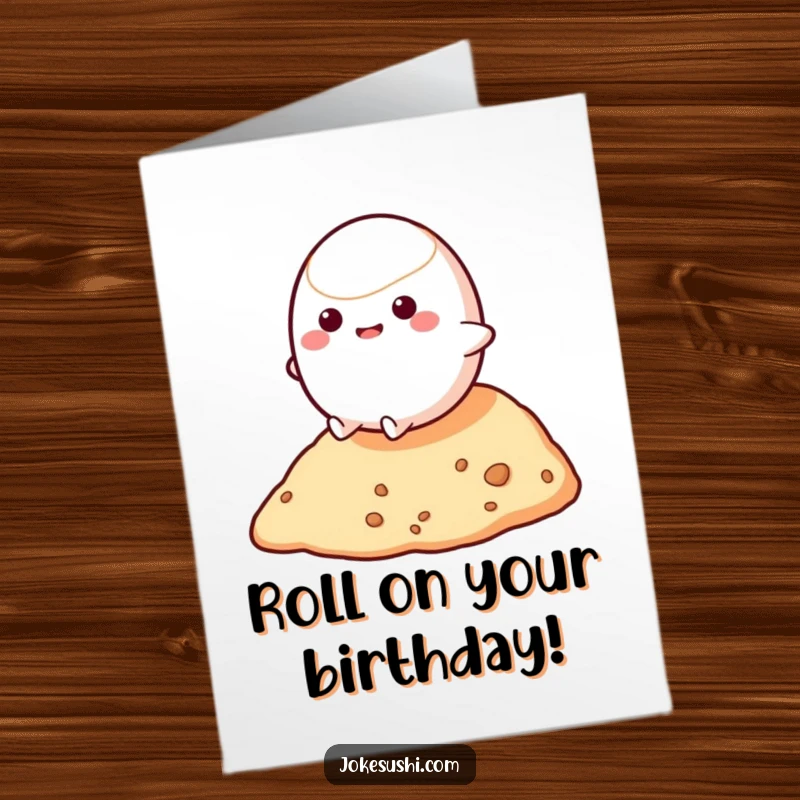 Funny Free Printable Birthday Card: A bouncy mochi character happily rolling down a small hill, celebrating with joy.