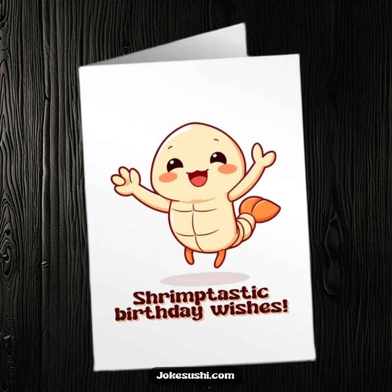 Funny Free Printable Birthday Card: A happy tempura shrimp character joyfully waving its legs with a big smile.