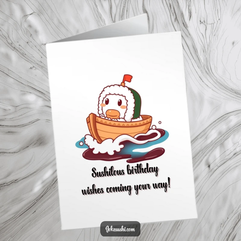 Funny Free Printable Birthday Card: Contented sushi boat character joyfully sailing on a soy sauce wave, delivering birthday cheer.