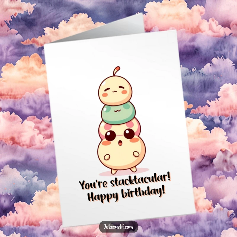 Funny Free Printable Birthday Card: A surprised dango character with three precariously stacked balls, wishing you a happy birthday.
