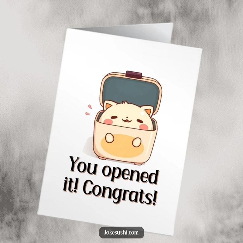 Funny Free Printable Congrats Card: A delighted bento box character opens its lid, celebrating success with pure joy, a unique downloadable gift.
