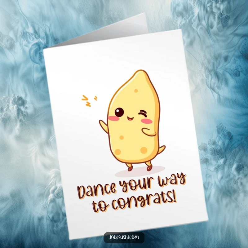 Funny Free Printable Congratulations Card: A Tamagoyaki character grooves with joy, a whimsical downloadable card for any win.