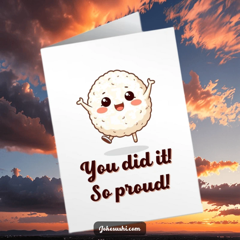 Funny Free Printable Congratulations Card showing a happy rice ball character in mid-cartwheel, celebrating success.