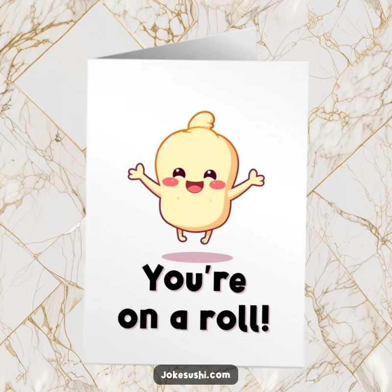 Funny Free Printable Congratulations Card: A happy tempura character bounces with joy on tiny legs, celebrating success.