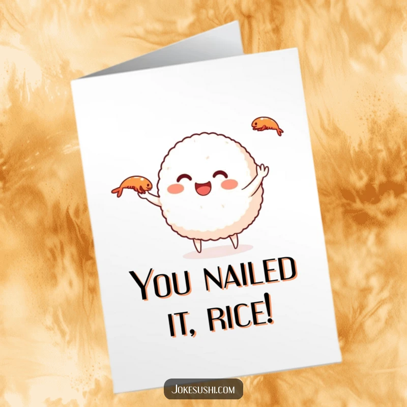Funny Free Printable Congratulations Card: Happy rice ball juggling shrimp, celebrating an amazing achievement with skill.