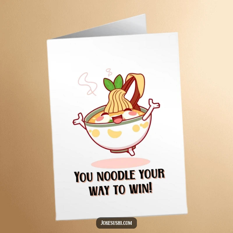 Funny Free Printable Congratulations Card: A happy ramen bowl character dancing energetically with steam, celebrating success.