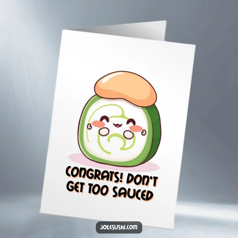 Funny Free Printable congratulations card: a bashful cucumber roll with little hands peeking from behind a mound of wasabi.
