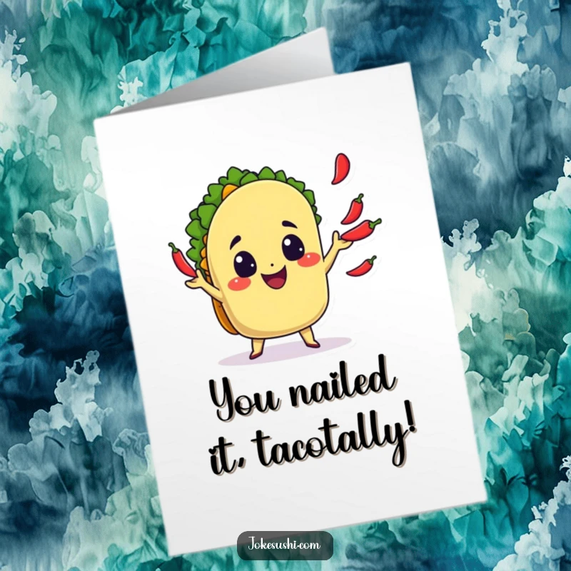 Funny Free Printable Congratulations Card: A delighted taco character skillfully juggling chili peppers, congratulating success.