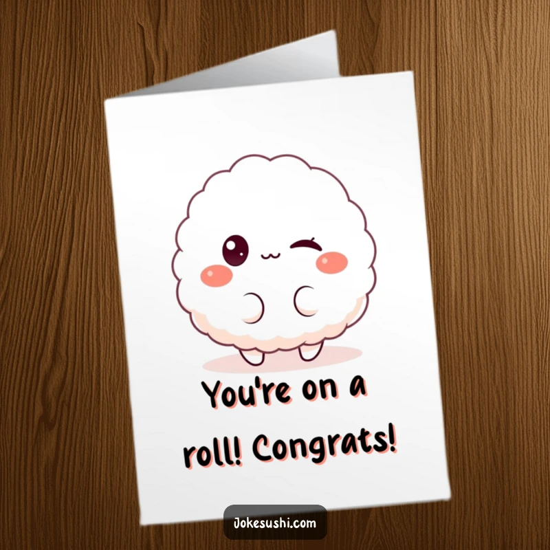 Funny free printable congratulations card featuring a fluffy rice ball character winking playfully, celebrating an achievement.