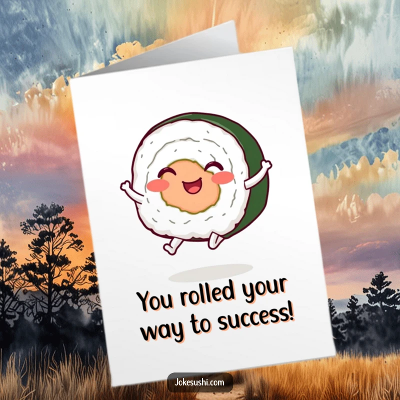 Funny Free Printable Congratulations Card: A delighted sushi roll with legs performs a celebratory jump, spreading good vibes.
