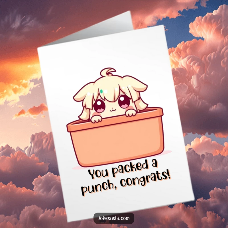 Funny Free Printable Congratulations Card: A bento box character peeks out with wide, amazed eyes, celebrating their big win.
