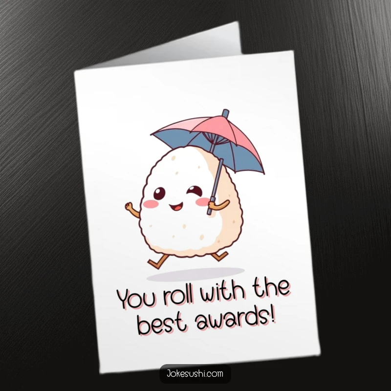 Funny Free Printable Congratulations Card: Smiling onigiri rice ball with legs jumping excitedly, holding a tiny umbrella, a celebratory downloadable design.