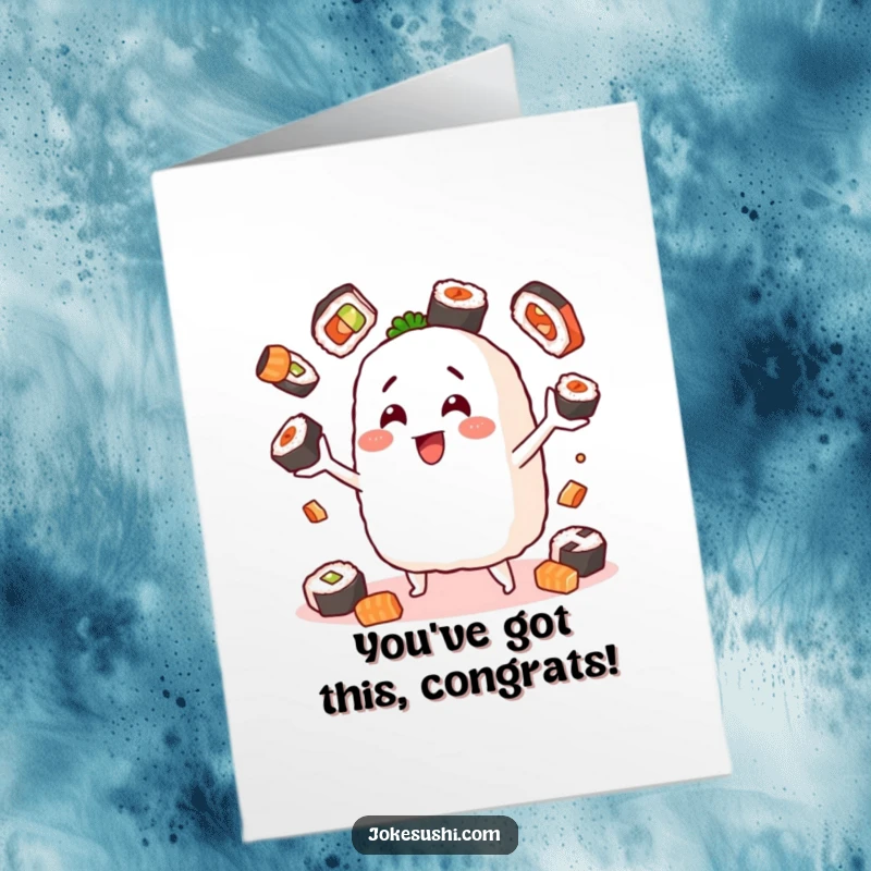 Funny Free Printable Congratulations Card of an onigiri character skillfully juggling sushi pieces, celebrating a grand achievement.