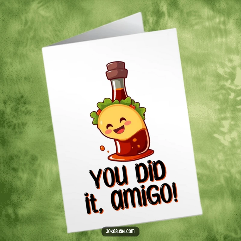 Hilarious Free Printable Congrats Card: A happy taco gleefully slides down a soy sauce bottle, celebrating success.